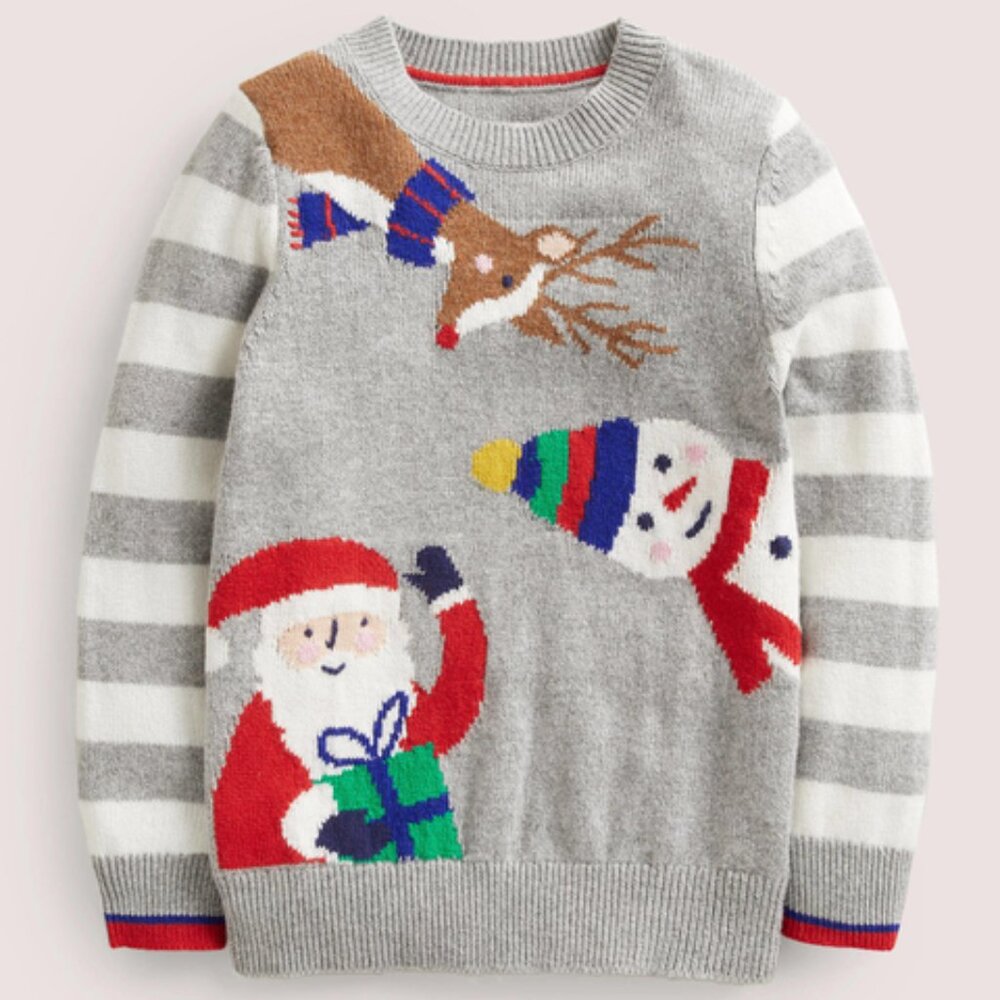 Mini Boden Grey Stripe Festive Christmas Sweater